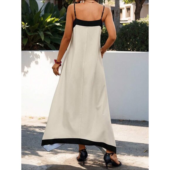 Contrast stripe cami strap maxi dress minimalist boho preppy cream black - Picture 2 of 6